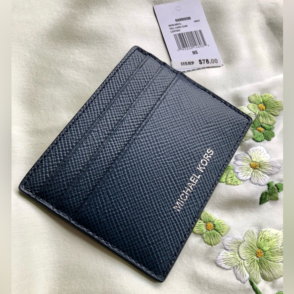 Michael Kors Men’s Harrison Leather Tall Card Case in Navy NWT